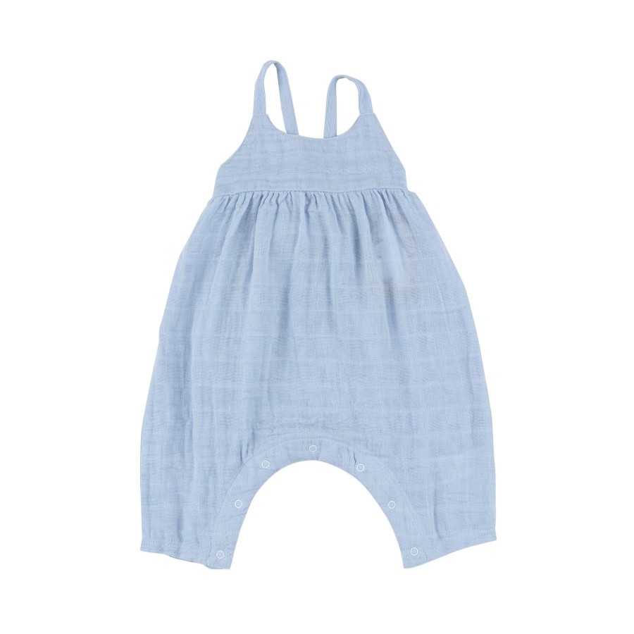 Clothing Angel Dear | Tie Back Romper-Dusty Blue Solid Muslin