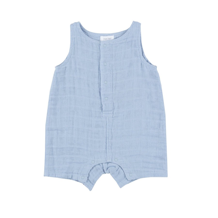 Clothing Angel Dear | Shortie Romper-Dusty Blue Solid Muslin