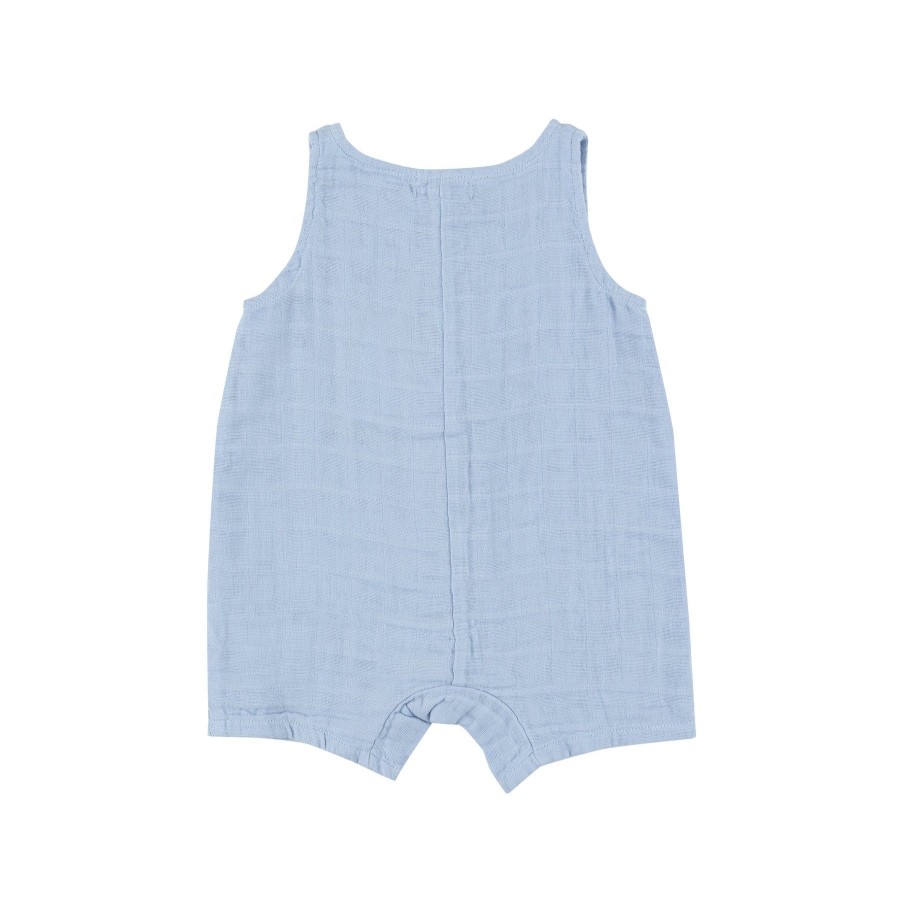 Clothing Angel Dear | Shortie Romper-Dusty Blue Solid Muslin