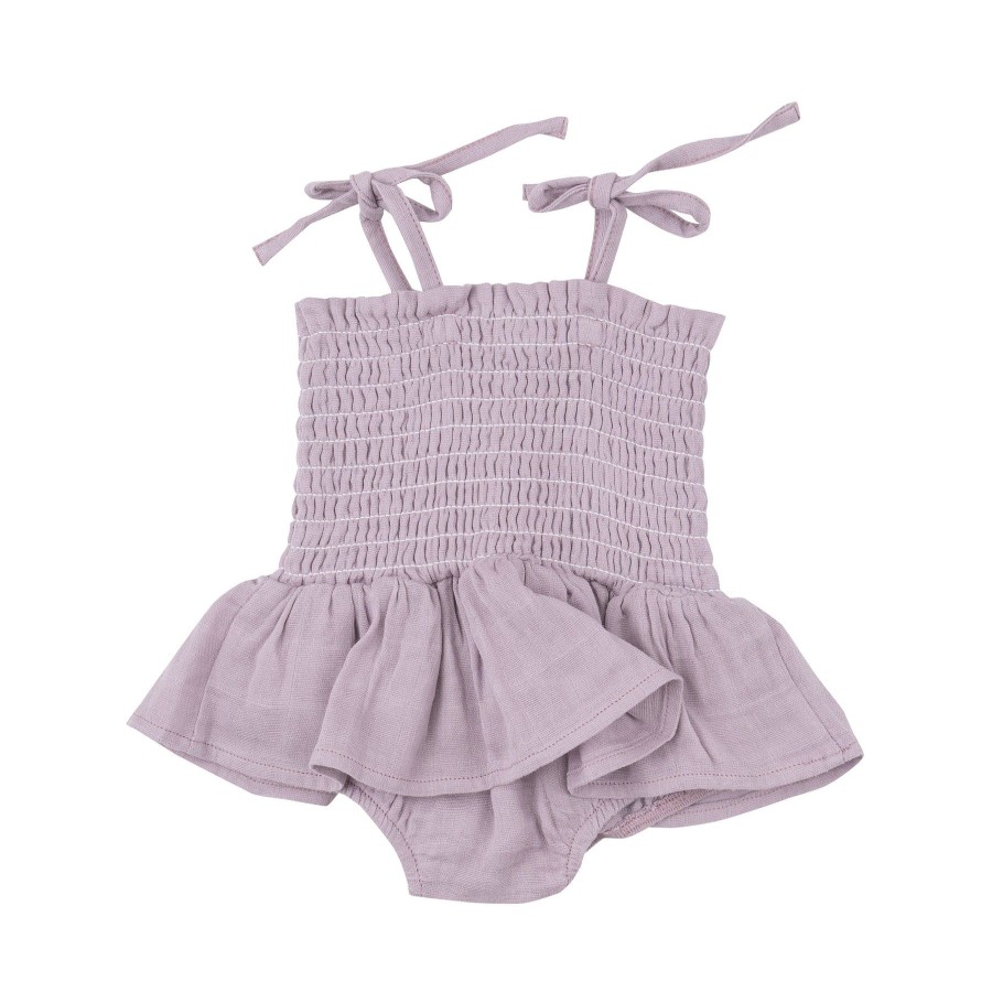 Clothing Angel Dear | Smocked Bubble W/ Skirt-Dusty Lavendar Solid Muslin