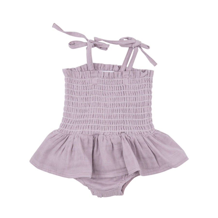 Clothing Angel Dear | Smocked Bubble W/ Skirt-Dusty Lavendar Solid Muslin