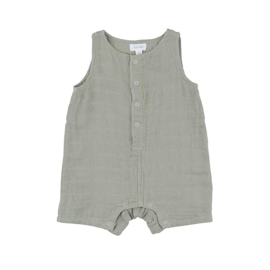 Clothing Angel Dear | Shortie Romper-Desert Sage Solid Muslin