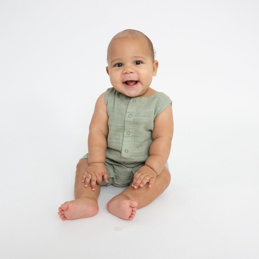 Clothing Angel Dear | Shortie Romper-Desert Sage Solid Muslin