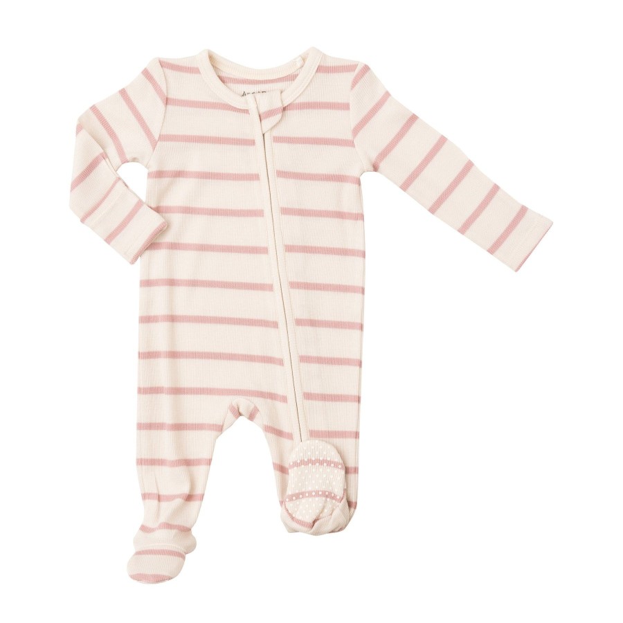 Clothing Angel Dear | Rib Zipper Footie-Silver Pink + Sugar Swizzle